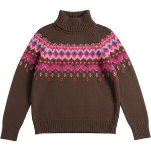 Brown Fair Isle Knit Wool Blend Sweater Crew Neck Pink Red Pattern Women Small
